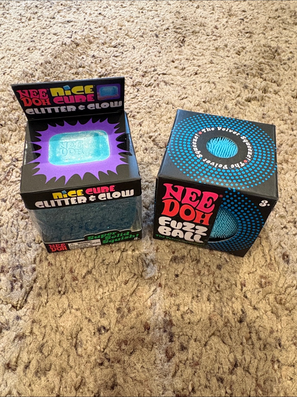 NeeDoh Blue Fuzz Ball & Nice Cube Glitter Glow Stress Toy Set